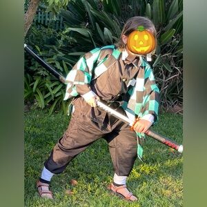 Tanjiro Kamado Kids Green and Black Checkered Costume